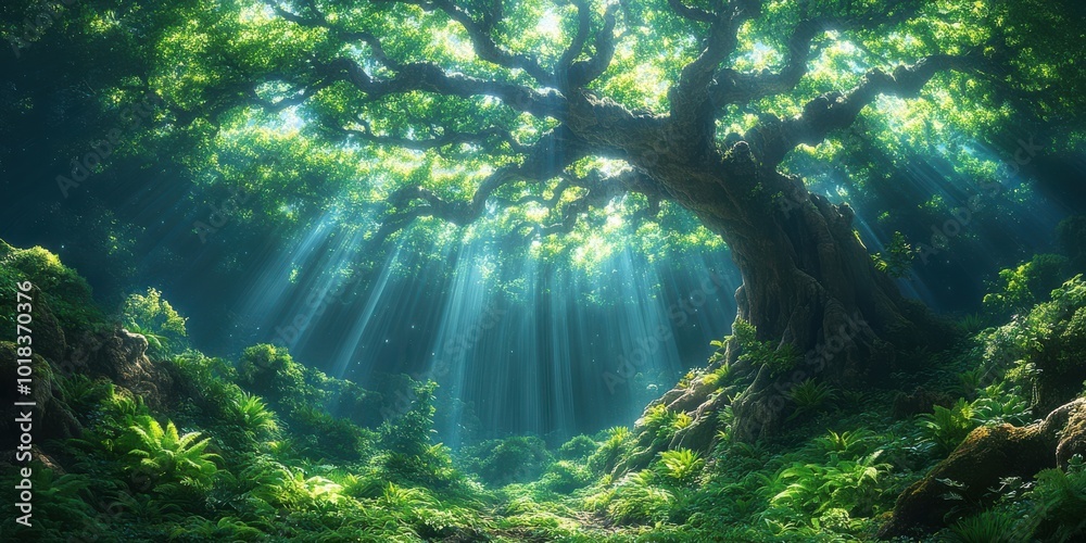 Obraz premium Sunlight Illuminates a Lush Forest Canopy, Bathed in a Mystical Glow, Creating an Enchanting Scene