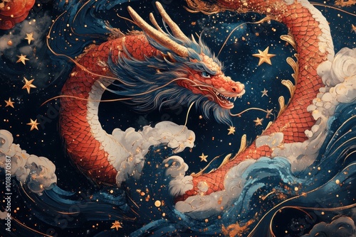 A red dragon with blue scales and horns, with a roaring mouth, surrounded by clouds, and a background of twinkling stars. photo