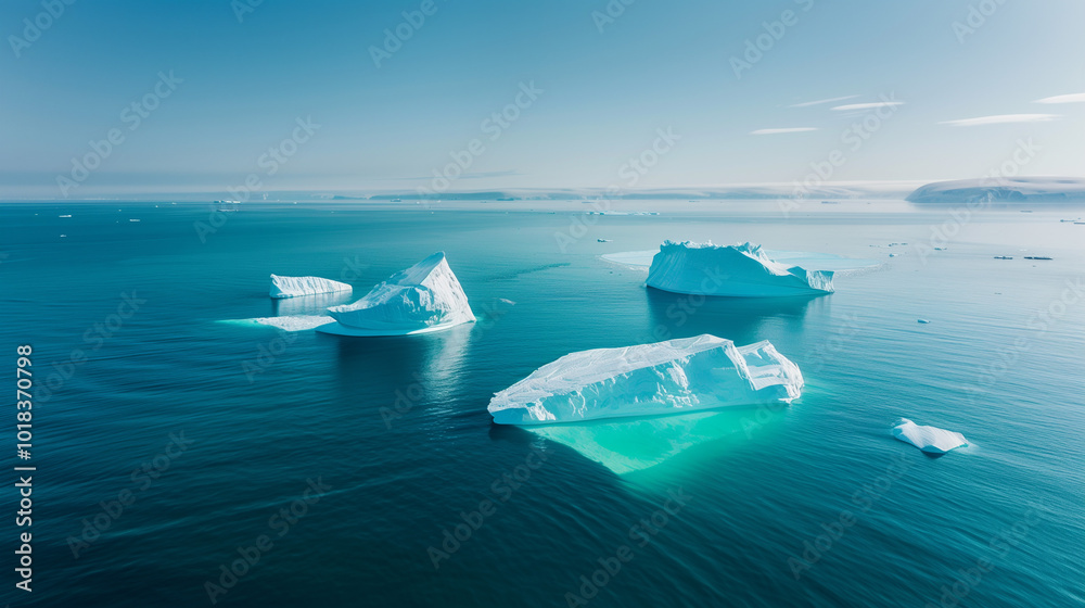 Naklejka premium Aerial view of large chunks of ice floating in the middle of the sea, global warming issue.