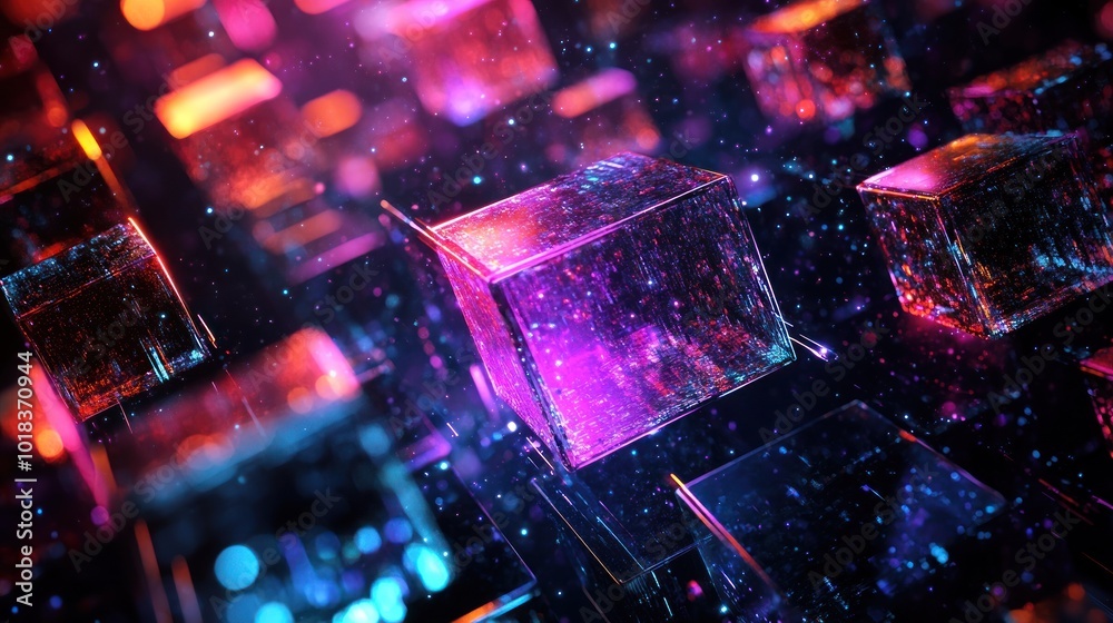 Futuristic abstract illustration of neon cubes and geometric structures on a dark background