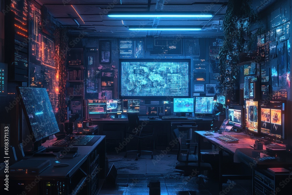 A futuristic, cyberpunk-style office with multiple computer screens, a large monitor displaying a map, and neon lights. A futuristic, cyberpunk-style office with multiple computer screens, a large monitor displaying a map, and neon lights.