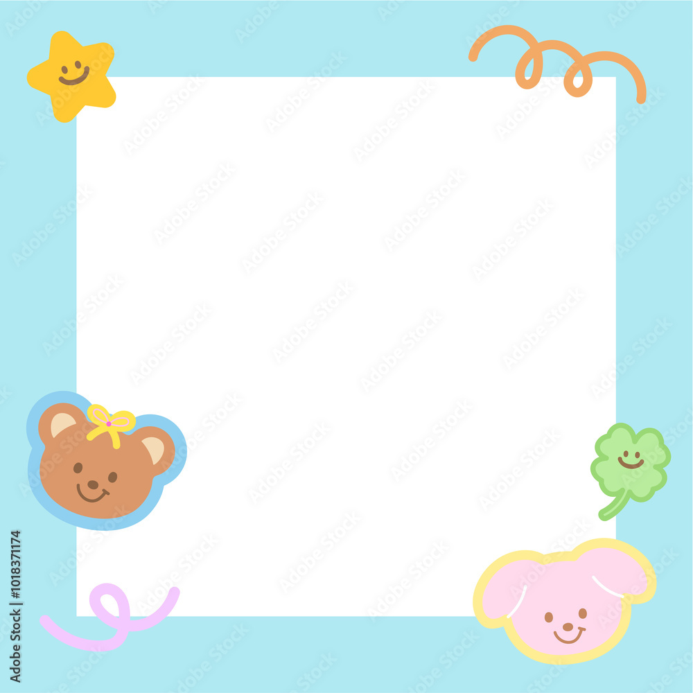Cute square frame with teddy bear, puppy, clover leaf, star for polaroid photo, banner, social media post, ad template, memo, sticky note, notepad, paper design, animal print, souvenir shop, pet, card Cute square frame with teddy bear, puppy, clover leaf, star for polaroid photo, banner, social media post, ad template, memo, sticky note, notepad, paper design, animal print, souvenir shop, pet, card