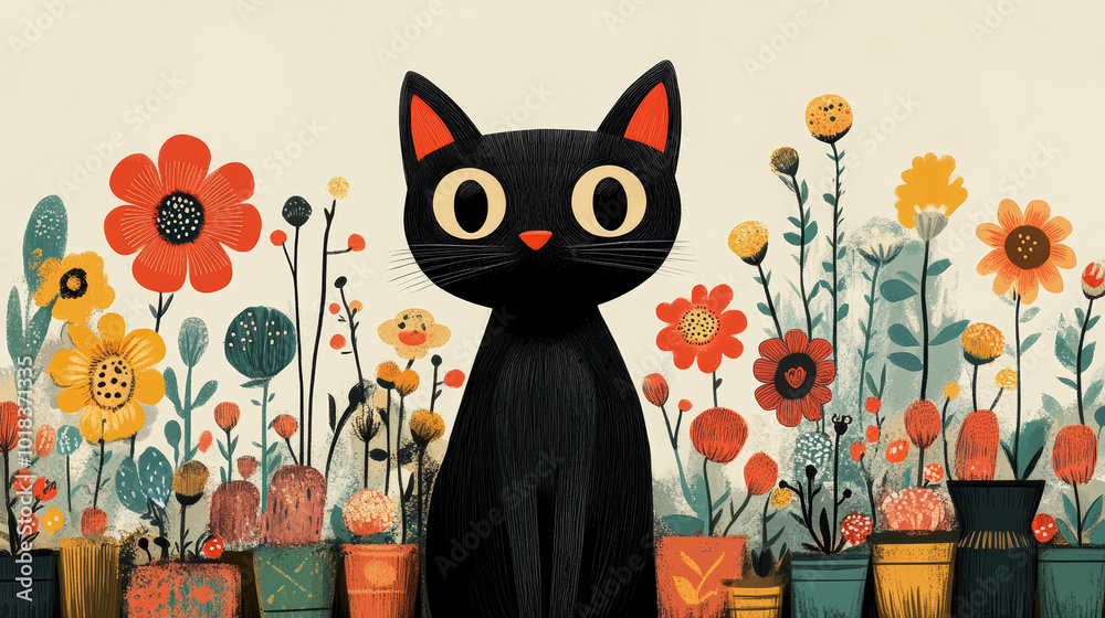Fototapeta A cartoon style black cat with large, exaggerated eyes, sitting among an array of whimsical, colorful potted flowers. 
