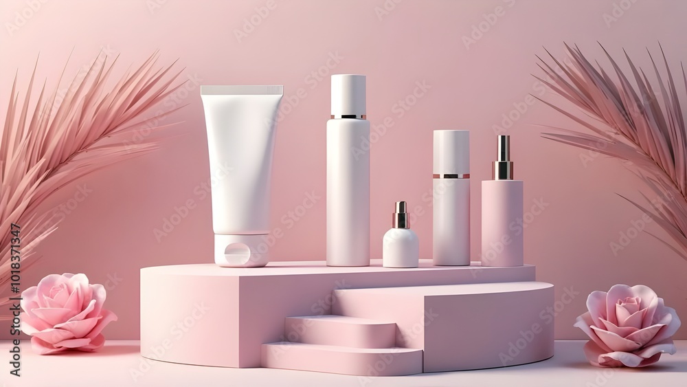 Cosmetics collection with different beauty products with white blank labels for mockups Cosmetics collection with different beauty products with white blank labels for mockups