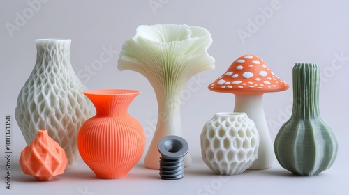 An array of multicolored 3D-printed art objects showcases the versatility of additive manufacturing. Using molten plastic, a 3D printer crafted a red vase, white mushroom, green tip, photo