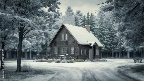 A Cozy Wooden Cabin Covered In Snow Nestled Among Snow-Laden Trees In A Peaceful Winter Forest