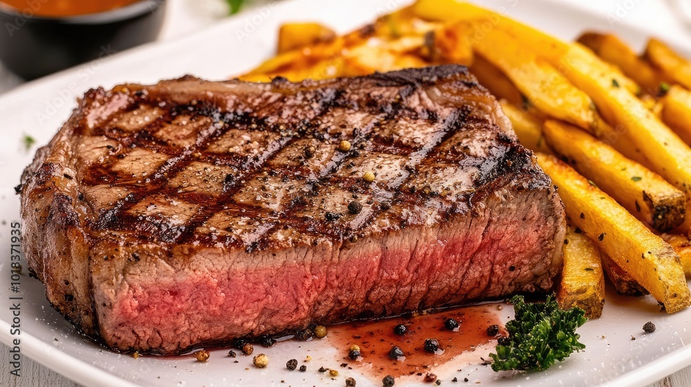 A juicy porterhouse steak with grill marks, served with a side of crispy fries and a drizzle of peppercorn sauce A juicy porterhouse steak with grill marks, served with a side of crispy fries and a drizzle of peppercorn sauce
