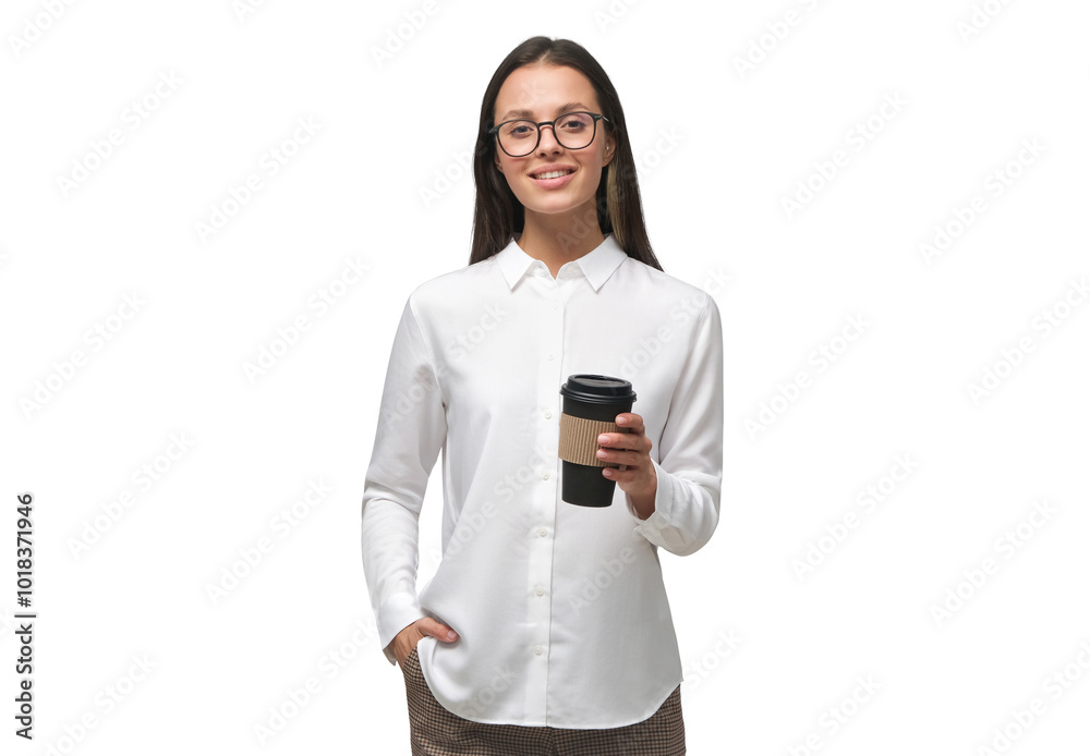 Young corporate business woman standing in formal clothes and glasses with takeaway coffee cup Young corporate business woman standing in formal clothes and glasses with takeaway coffee cup