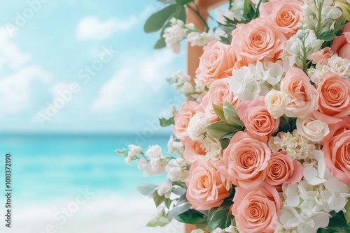 Romantic Beach Wedding Ceremony with Ocean View and Elegant Floral Arrangements, Stunning Destination Wedding Inspiration photo