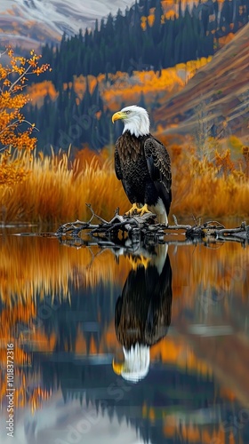 A bald eagle stands by the water with an intense gaze.