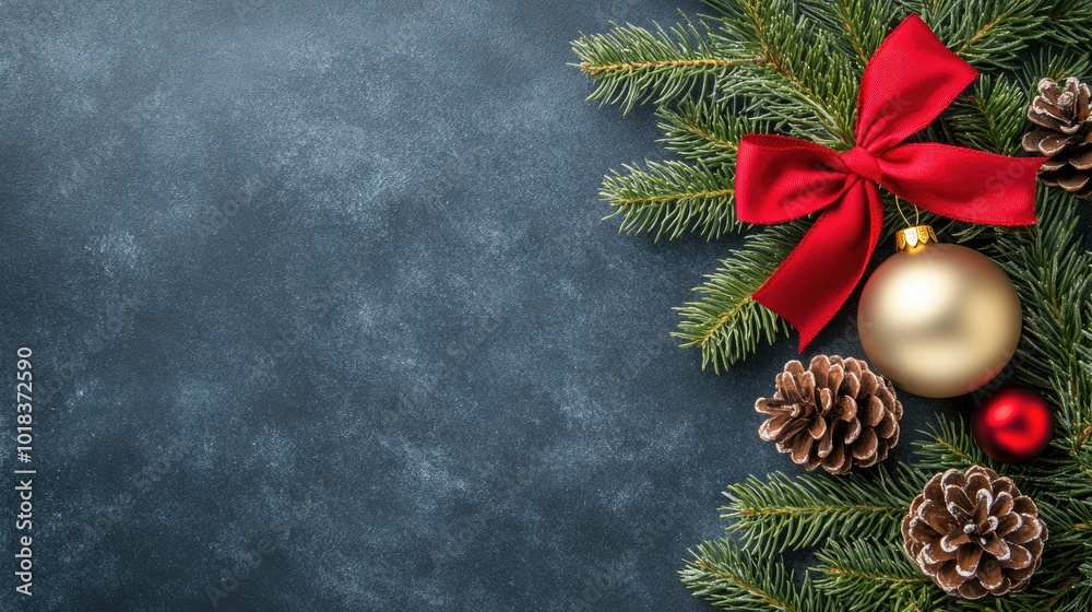 Decorative fir tree branches feature a bright red bow, pine cones, and a festive ornament on a dark backdrop, creating a vibrant holiday atmosphere perfect for seasonal celebrations Decorative fir tree branches feature a bright red bow, pine cones, and a festive ornament on a dark backdrop, creating a vibrant holiday atmosphere perfect for seasonal celebrations
