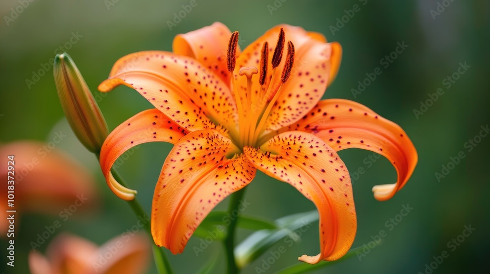 A macro shot of a vibrant orange tiger lily, with its spotted petals and graceful curves, against a blurred green background A macro shot of a vibrant orange tiger lily, with its spotted petals and graceful curves, against a blurred green background