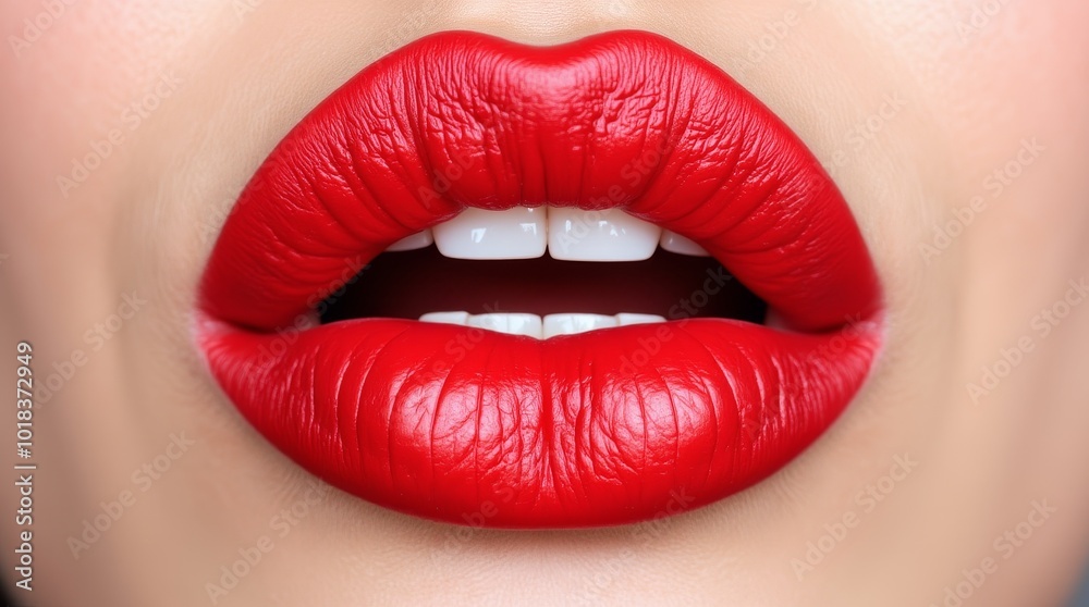 Obraz premium Close-up of Vibrant Red Lips Showcasing Perfect Lipstick Application With a Smooth Finish