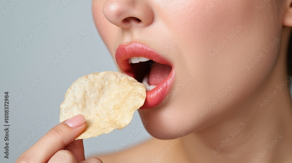 Close-up of a Woman Enjoying a Crisp Potato Chip in Natural Light Setting Close-up of a Woman Enjoying a Crisp Potato Chip in Natural Light Setting