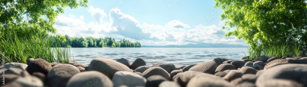 Serene Coastal Vibe Rocky Beach with Wind Rustling Seagrass, Tranquil Seascape with a Touch of Green Serene Coastal Vibe Rocky Beach with Wind Rustling Seagrass, Tranquil Seascape with a Touch of Green