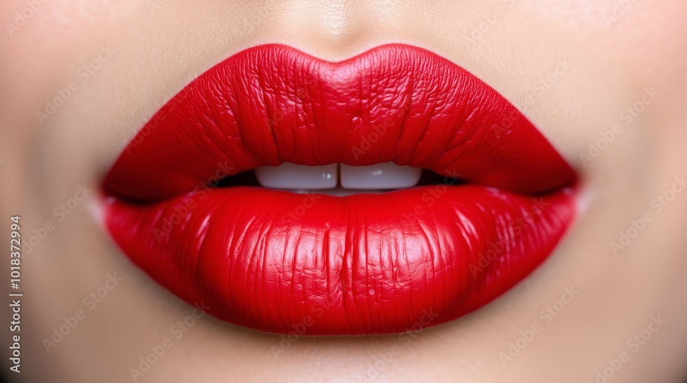 Fototapeta premium Close-up of Vibrant Red Lips Showcasing Smooth Texture and Glossy Finish in Natural Light