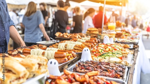 A Halloween-themed food truck at a family party serving hot dogs wrapped like mummies