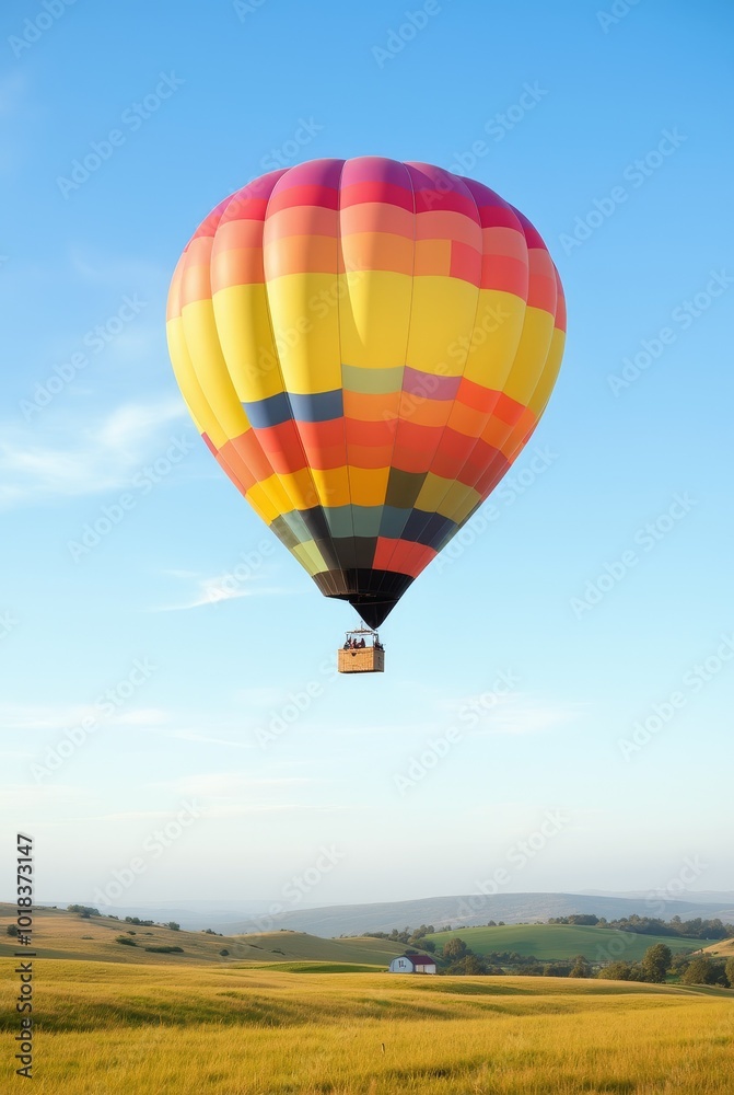 Obraz premium Brightly Colored Hot Air Balloon Soaring Above Golden Fields on a Clear Sunny Day