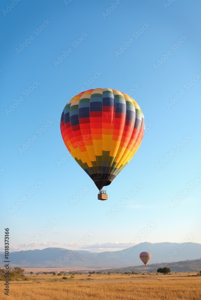 Fototapeta premium Colorful Hot Air Balloons Soaring Above a Serene Landscape at Sunrise