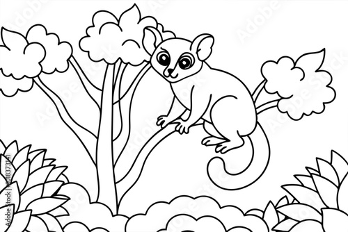 A Mouse Lemur Animal climbing tree in jungle, Coloring Page stock vector illustration illustration 