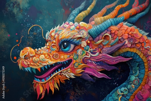 A colorful, detailed close-up of a dragon's head, rendered in a 3D style.