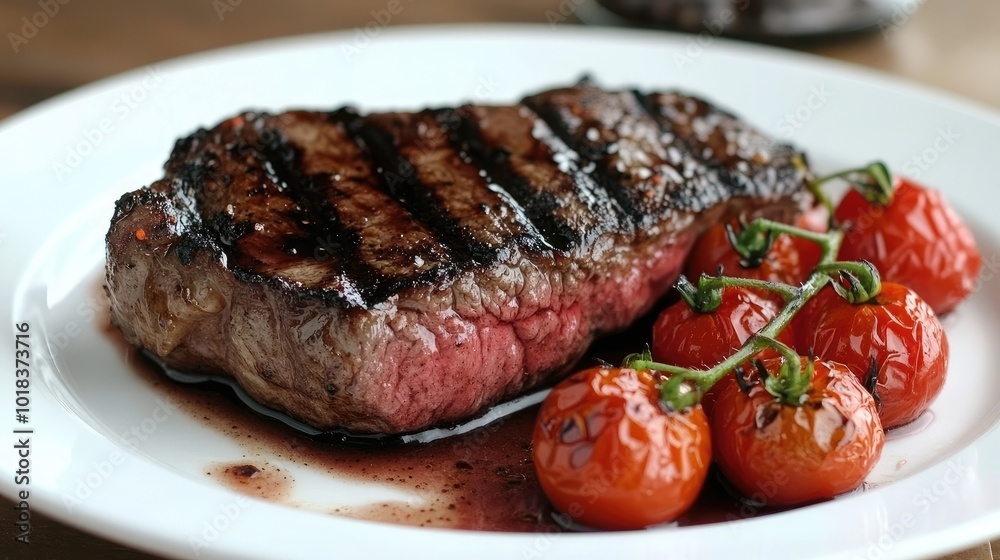A New York strip steak, grilled to perfection, served on a white plate with roasted cherry tomatoes and a drizzle of sauce A New York strip steak, grilled to perfection, served on a white plate with roasted cherry tomatoes and a drizzle of sauce