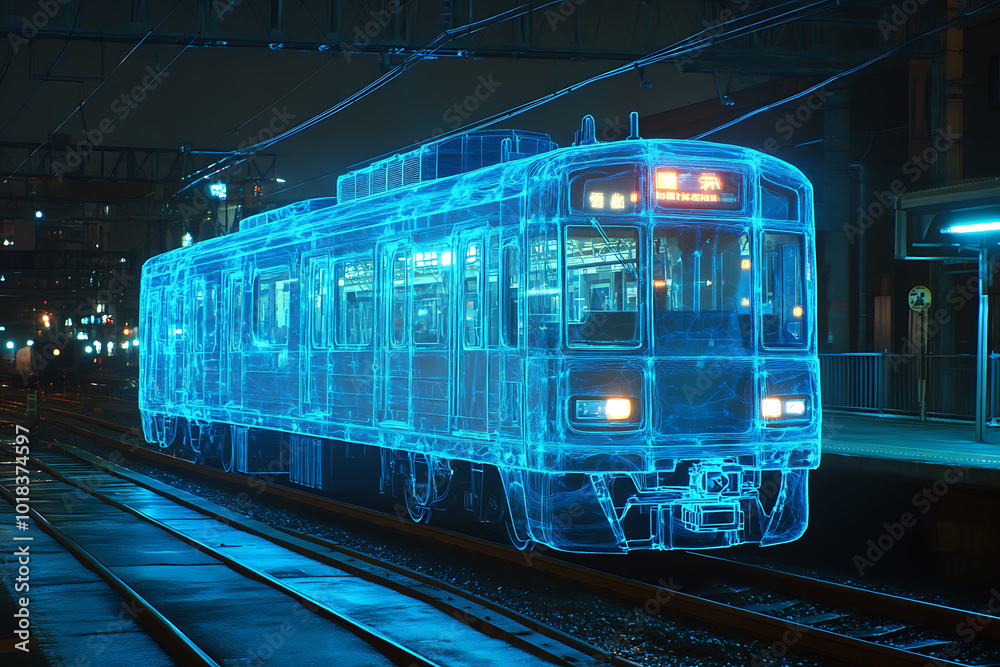 Fototapeta premium image of an ethereal, transparent train with a blue glow, depicted in a night scene with a glowing neon outline