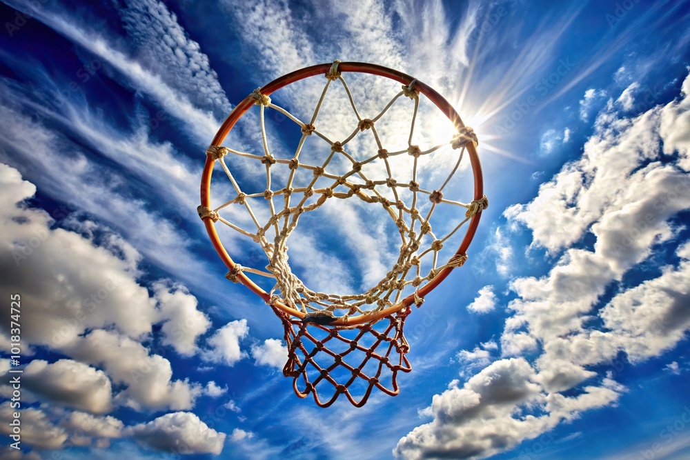 Netball goal ring and net against a blue sky and clouds Netball goal ring and net against a blue sky and clouds
