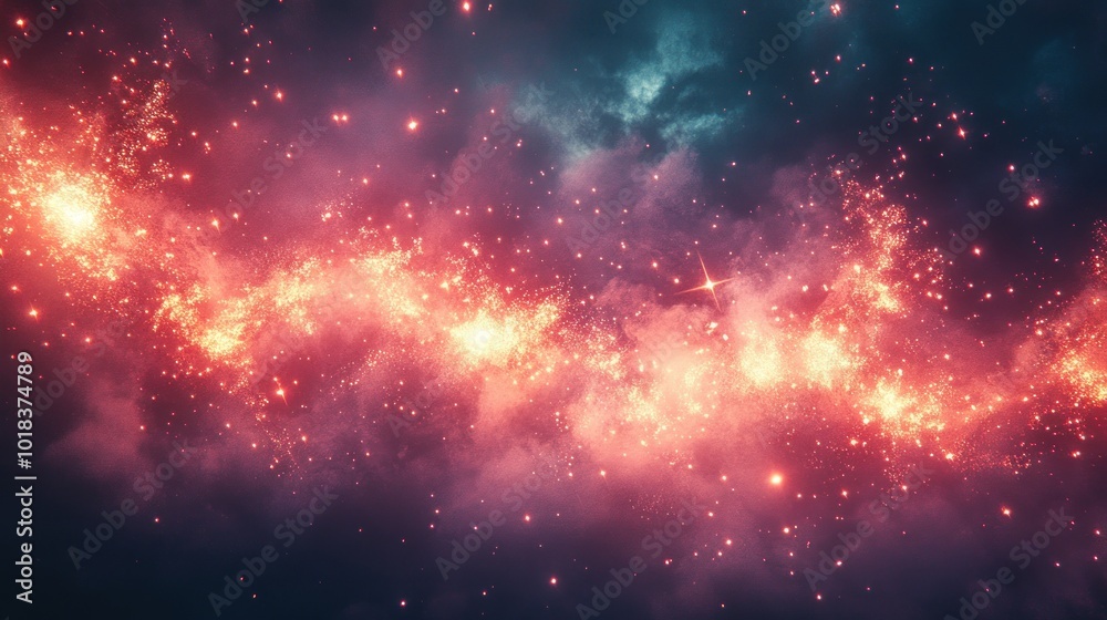Abstract cosmic background with red, orange, and blue hues and stars in the space. Abstract cosmic background with red, orange, and blue hues and stars in the space.