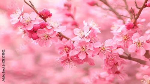 A peach tree in full bloom, its branches covered in delicate pink flowers, symbolizing the start of spring