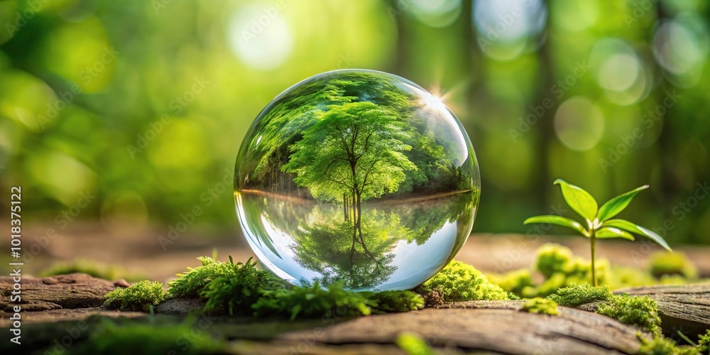 Glass ball with symmetrical reflection of plants in it Glass ball with symmetrical reflection of plants in it