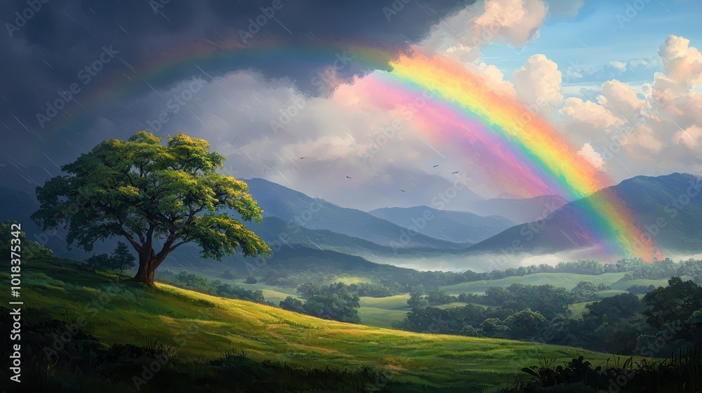 A vibrant landscape featuring a tree, mountains, and a rainbow against a dramatic sky, showcasing nature's beauty after a storm.