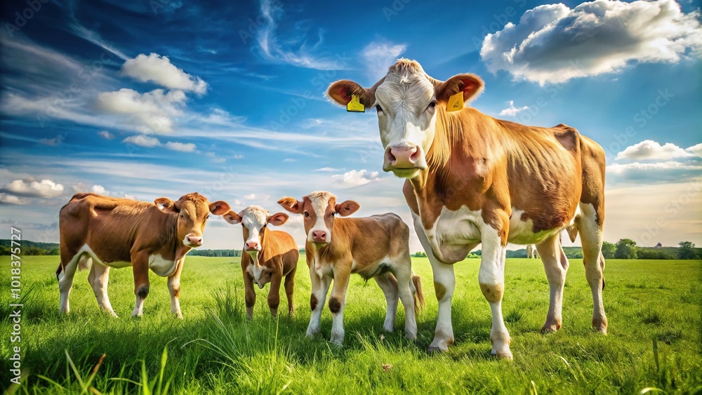 Newborn calves with mother cow on sunny green field Newborn calves with mother cow on sunny green field