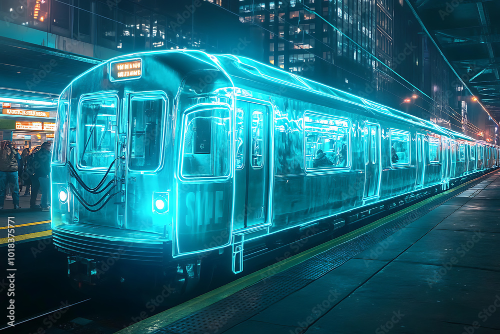Fototapeta premium image of an ethereal, transparent train with a blue glow, depicted in a night scene with a glowing neon outline
