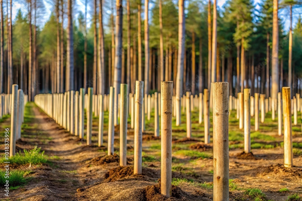Newly planted trees in row supported by wooden stakes in deforested area