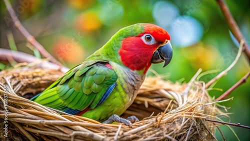 Nice close-up of a Cordilleran parakeet in its nest with a blurred background photo