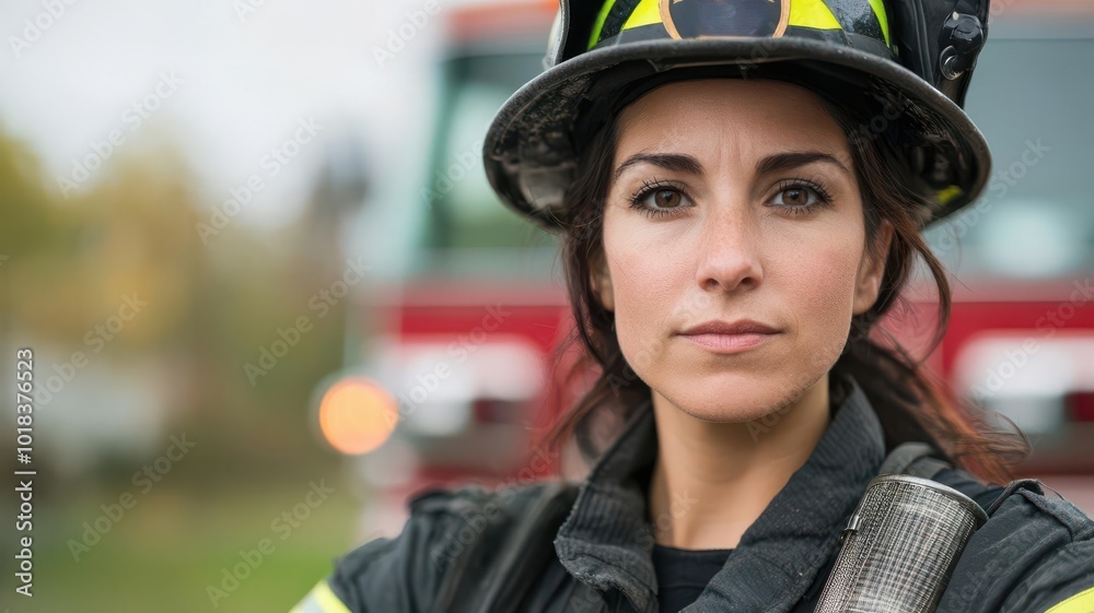 Female firefighter standing in front of her fire truck, representing courage and service women in public service, strength, empowerment Female firefighter standing in front of her fire truck, representing courage and service women in public service, strength, empowerment