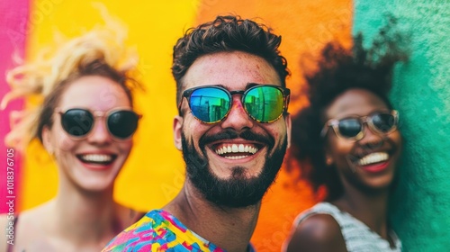 A vibrant, colorful image featuring three friends joyfully posing together, wearing sunglasses and smiling against a bright mural backdrop.