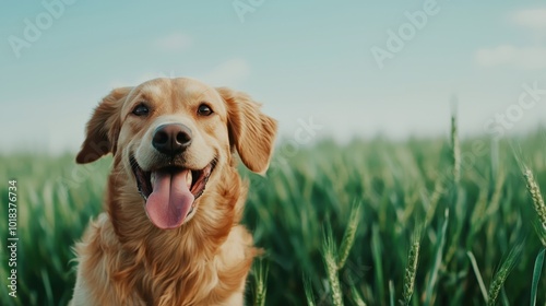 A friendly golden retriever smiles happily while standing in a lush green field under a clear blue sky.