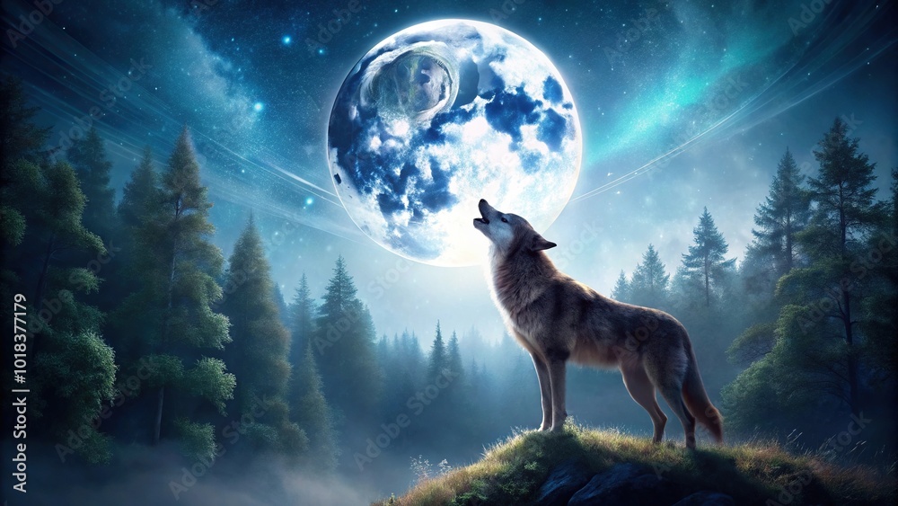 Night forest scene with wolf howling at moon Night forest scene with wolf howling at moon