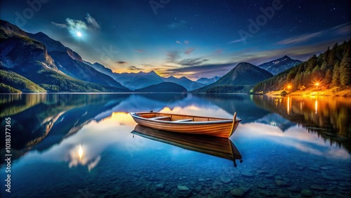 night landscape with boat reflecting in lake at mountain