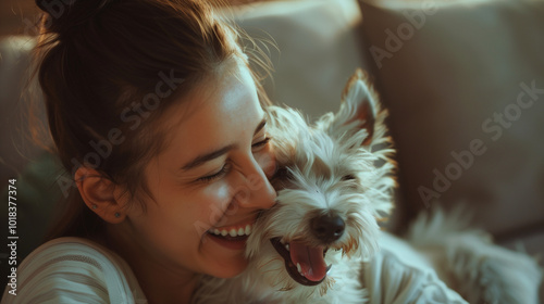 Joyful smiling female homeowner playing with a happy cute puppy, enjoying leisure time at home. Woman training her pet in the living room. Concept of animal care and love.