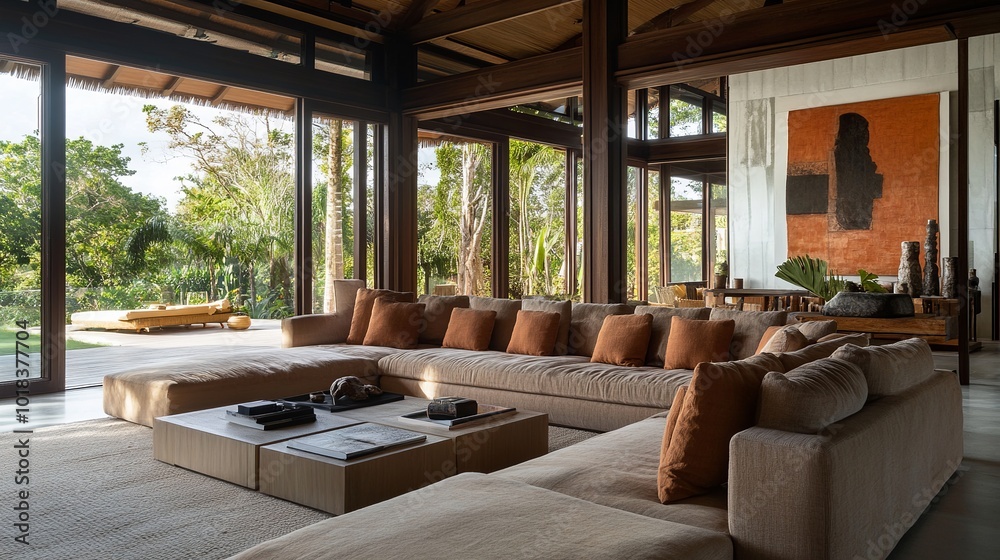 Fototapeta premium Contemporary living area features a plush sofa and stylish furnishings, creating a comfortable and inviting space for relaxation and entertainment. 