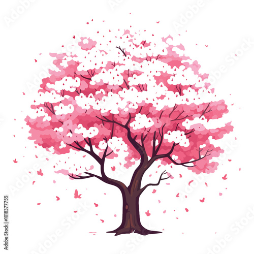 Cherry Blossom Tree,simple,minimalism,flat color,vector illustration,thick outlined,white background