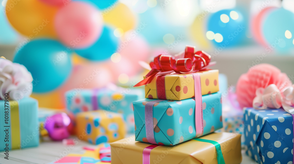 Pile of gifts at birthday party with balloons in the background. Pile of gifts at birthday party with balloons in the background.