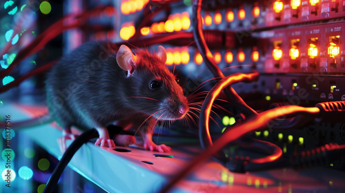 Close view of a mouse walking on a cable in a server device.