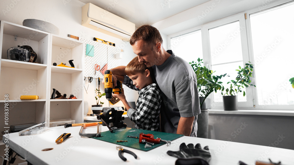 A Father and His Son Are Working Together on a DIY Project, Creating Memories and Skills A Father and His Son Are Working Together on a DIY Project, Creating Memories and Skills