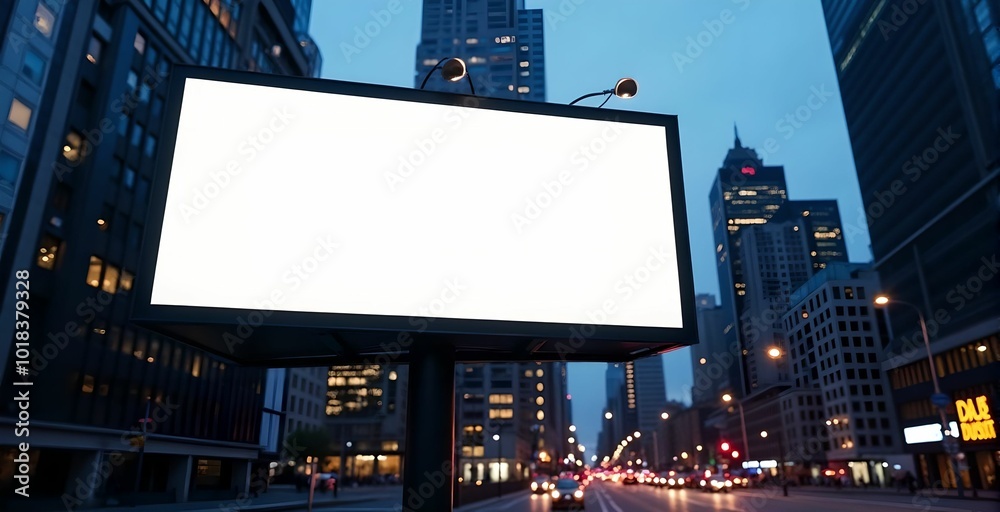 Large white billboard against the backdrop of a large city. Advertising board Large white billboard against the backdrop of a large city. Advertising board