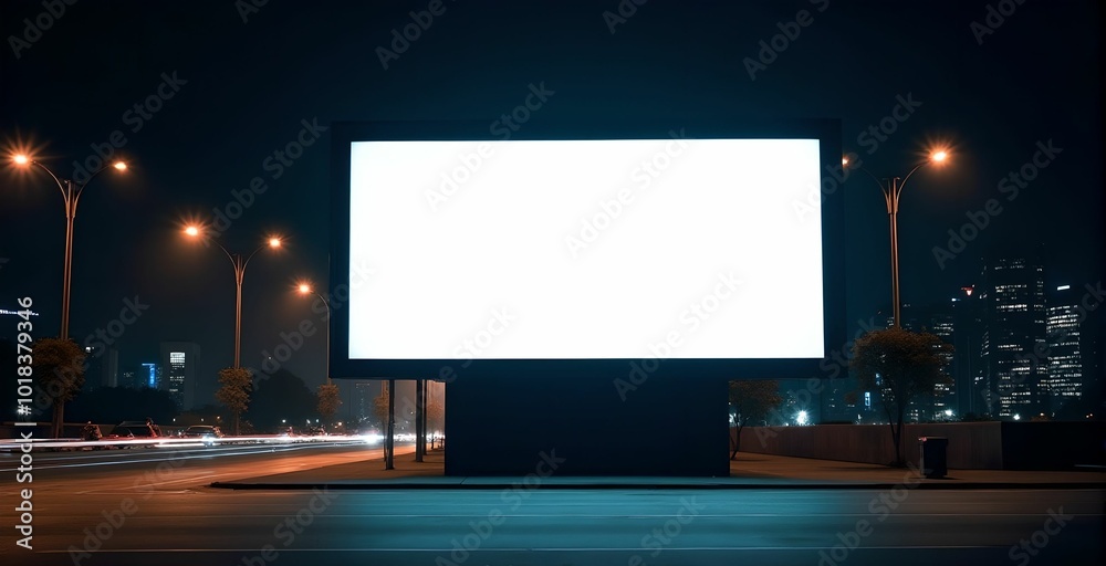 Large white billboard against the backdrop of a large city. Advertising board
