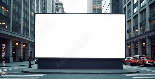 Large white billboard against the backdrop of a large city. Advertising board